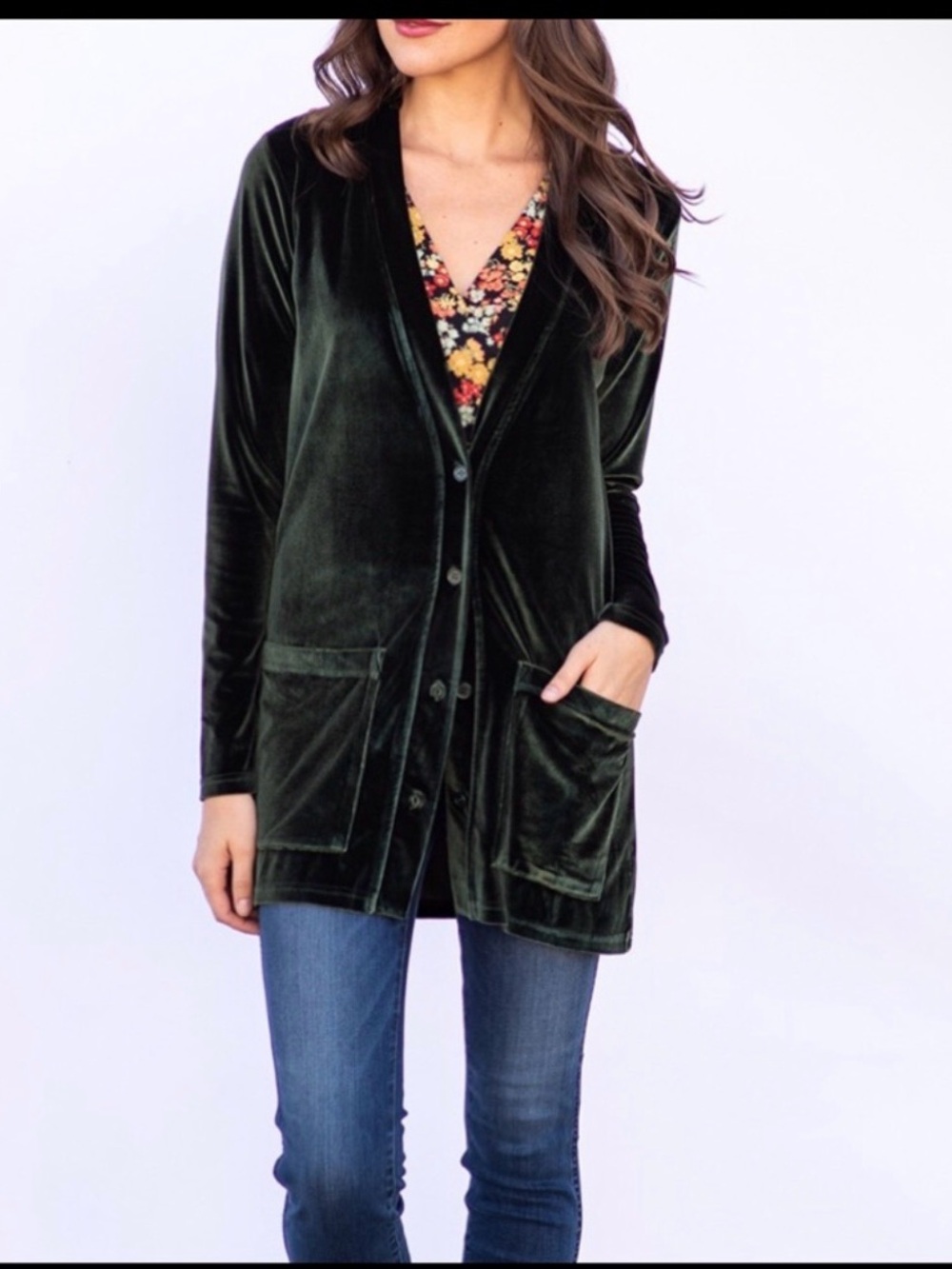 Evy’s Tree Klara Velvet Button-Front Cardigan in Olive Green - Size Medium